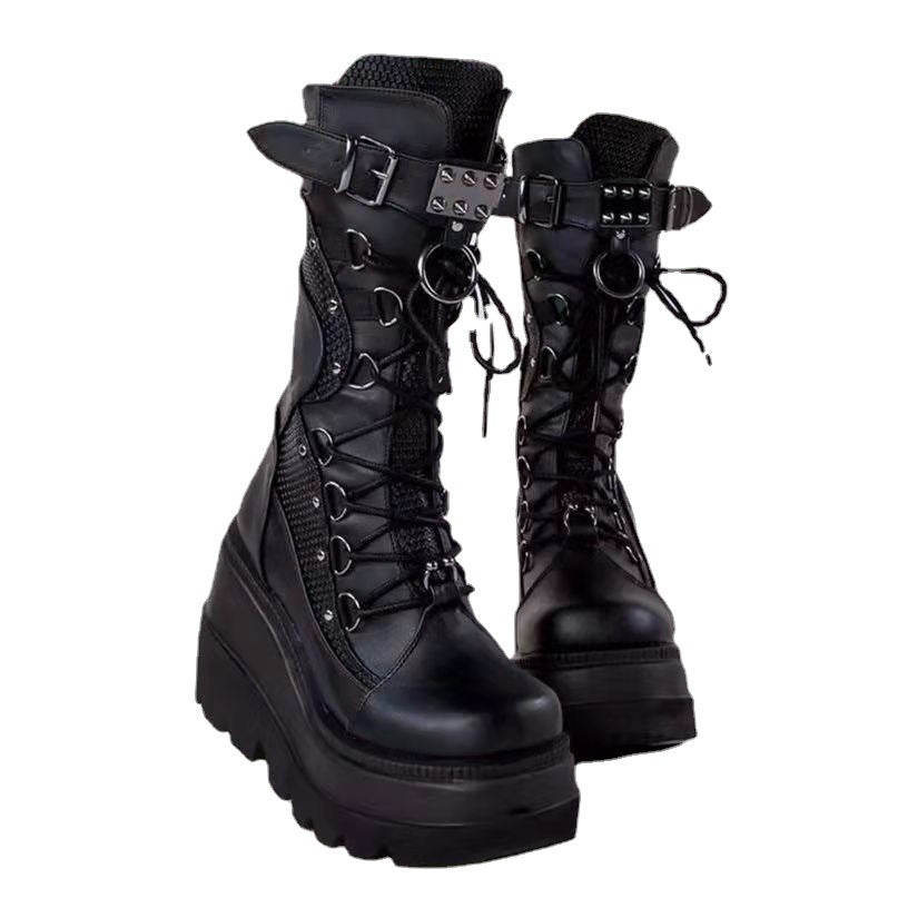 Lace-Up Combat Boot Motorcycle Black Bucke Chunky Boots