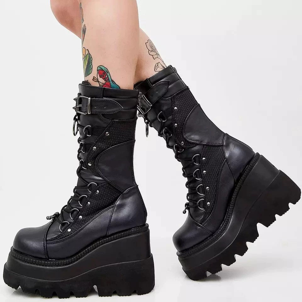 Lace-Up Combat Boot Motorcycle Black Bucke Chunky Boots