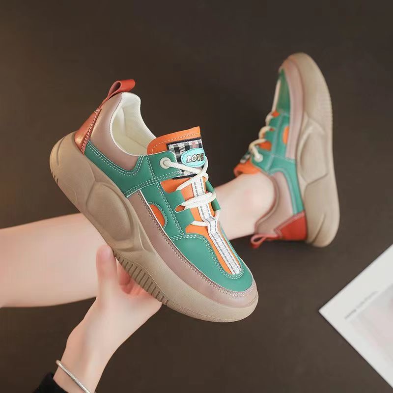 Women's Fashion Thick-soled Leather Stitching Sneakers